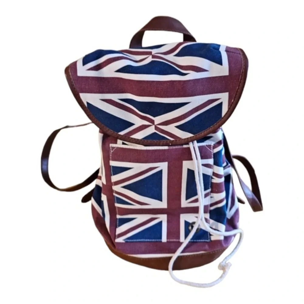 Union Jack British England UK canvas faux‎ leather red white & blue backpack